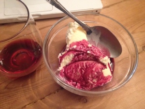 A typical midnight snack example. Full-fat ice cream, blueberry juice, & red wine for anti-inflammatory purposes!